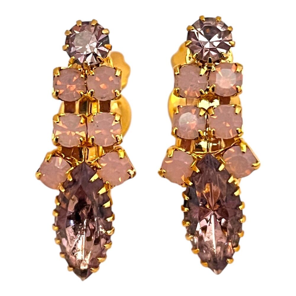 Vintage 1960s Rhinestone Earrings Pink Navette Crystal Gold Tone Clip - 5O